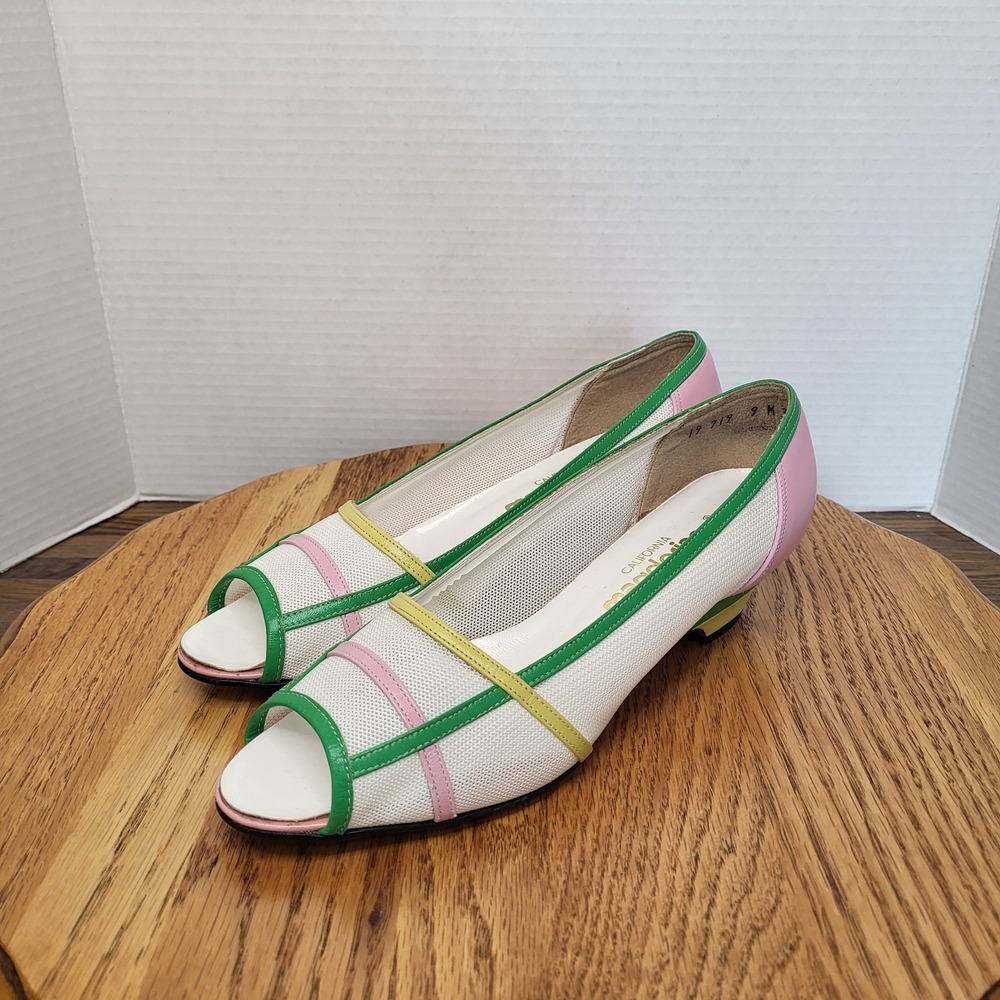 VTG Magdesians California Colorful Open Toe Shoes Heels Retro Made In USA Size 9